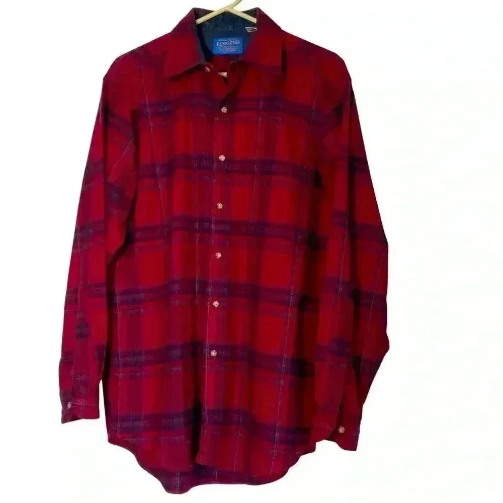 Pendleton vintage red cozy,warm,Virgin wool plaid mens long sleeve buttonSZ-M